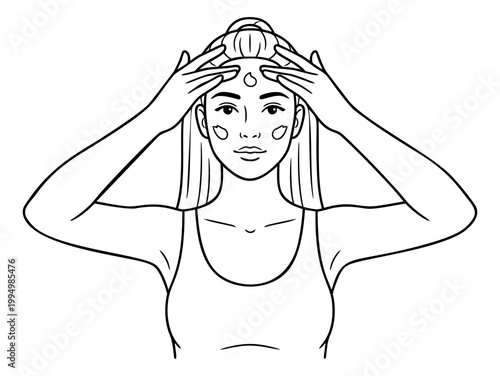 Line art illustration of young woman applying face serum depicting skincare routine with dropper spots for beauty and wellness design