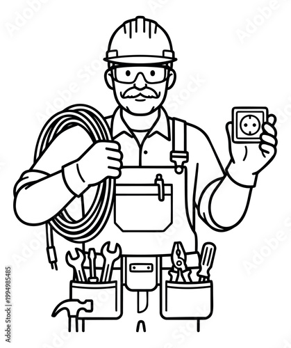 Outline illustration of an electrician depicting a worker holding cable and socket with tool belt for trades and services design