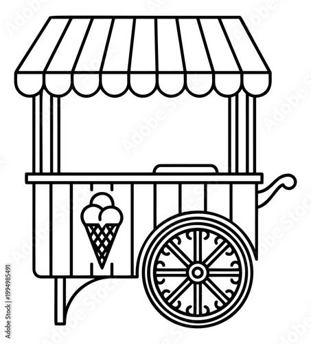 Outline illustration of a vintage ice cream cart depicting a wheeled street vendor stand with striped awning for food and retail design