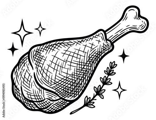 Engraving illustration of a turkey leg depicting roasted meat with herbs and sparkle accents for food and restaurant design