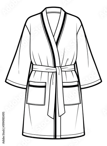 Outline illustration of a bathrobe depicting a belted spa robe with patch pockets for fashion and lifestyle design
