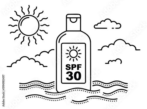 Line art illustration of SPF 30 sunscreen bottle depicting summer beach scene with sun and clouds for skincare design