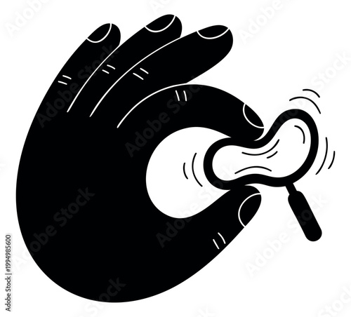 Cartoon illustration of hand holding ear depicting listening and sound detection concept for communication design