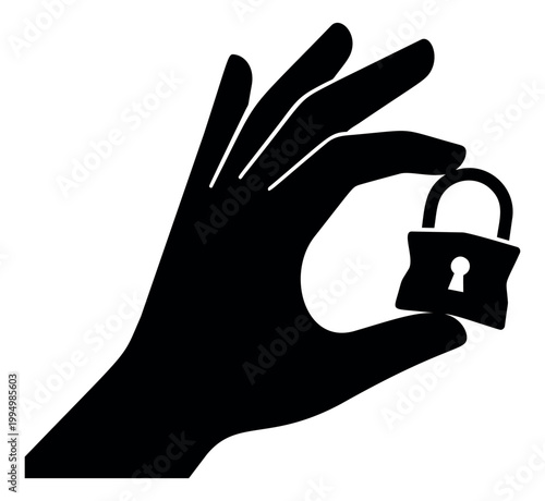Silhouette illustration of hand holding padlock depicting security and protection concept for business and technology design