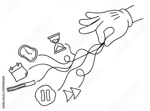 Line art illustration of a cartoon gloved hand releasing time management symbols depicting pause play and deadline concepts for productivity design