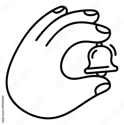 Outline illustration of hand holding small bell depicting ringing gesture for notification and alert design