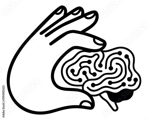 Outline illustration of hand holding a circuit brain depicting artificial intelligence and cognitive technology for medical and tech design