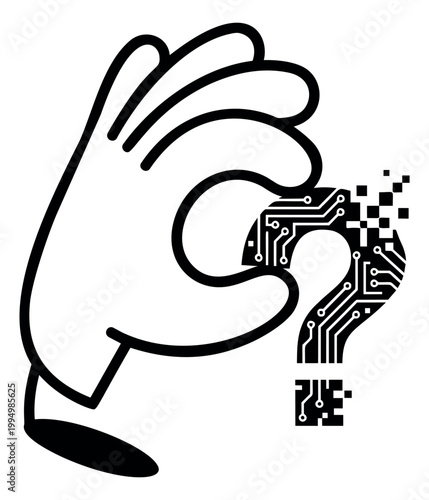 Cartoon illustration of hand making ok gesture with circuit board question mark depicting AI uncertainty for technology design