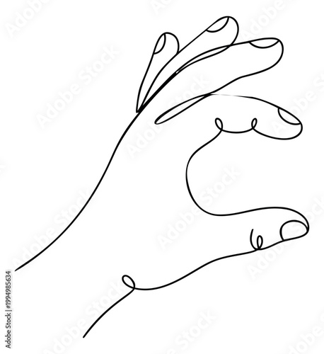 Line art illustration of a hand depicting a pinching gesture drawn in continuous single line style for beauty and lifestyle design