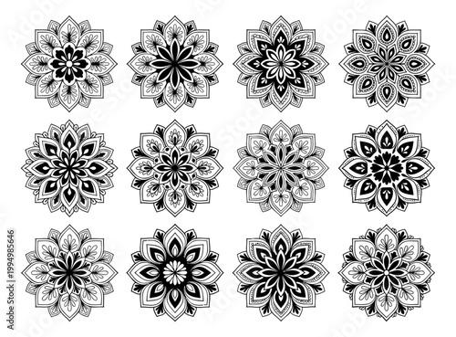 Outline icon set of 12 mandala flower designs featuring intricate floral geometric patterns for decorative and spiritual use