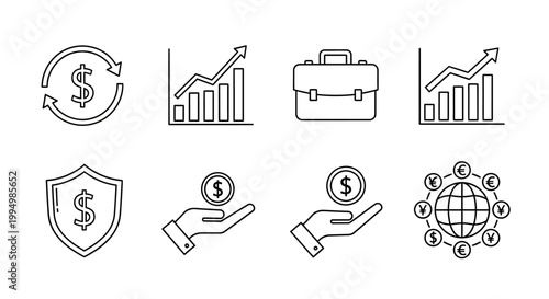 Set of flat outline icons related to business and finance