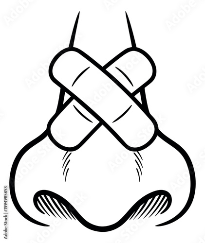 Cartoon illustration of a broken nose with crossed bandages depicting facial injury for medical and humor design