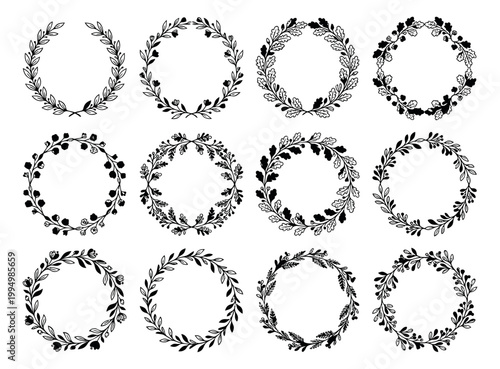 Hand drawn silhouette set of 12 floral wreaths featuring leaves berries and botanical branches for wedding and decorative design