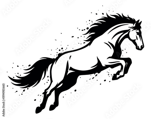 Bold silhouette illustration of a jumping horse depicting dynamic movement with ink splash effect for equestrian and sport design