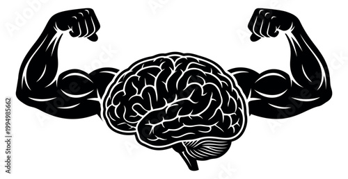 Bold silhouette illustration of a strong brain with muscular arms depicting mental power and intelligence for fitness and education design