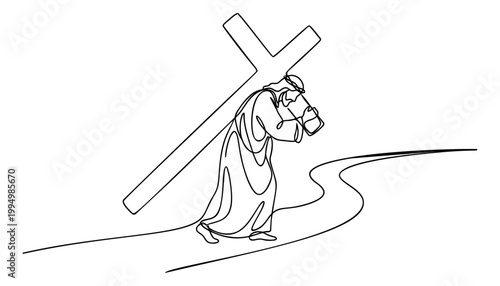 Continuous line art illustration of Jesus Christ carrying the cross depicting the passion walk for religious and Easter design