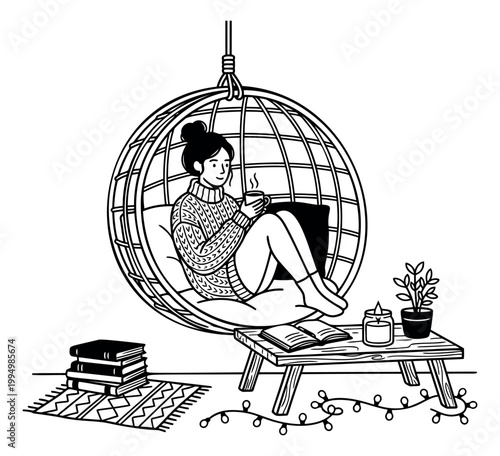 Line art illustration of a young woman relaxing in a hanging chair depicting cozy hygge lifestyle for home and wellness design