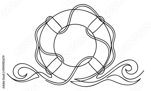 Line art illustration of a life preserver ring depicting ocean waves and rope detail for maritime and nautical design