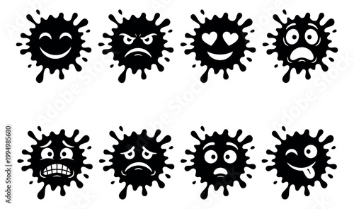 Cartoon silhouette icon set of 8 ink blob emoji faces featuring happy angry love scared and silly expressions for emotion design