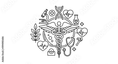 Medical and science symbols collage with caduceus, DNA, and heart.