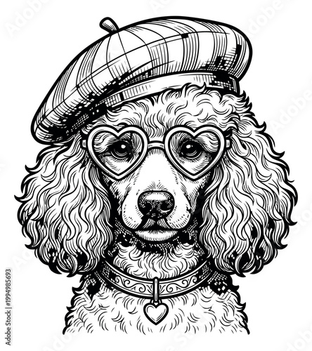 Engraving illustration of a fashionable poodle depicting a curly dog wearing beret and heart shaped sunglasses for pet and fashion design