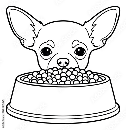 Outline illustration of a chihuahua dog depicting a curious pet peeking over a food bowl for animal and pet care design