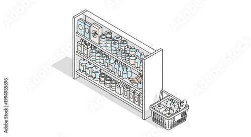 An isometric illustration of a grocery store shelf with a shopping cart.