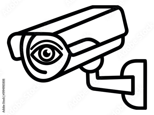 Outline illustration of a security camera depicting surveillance monitoring with an eye symbol for safety and technology design