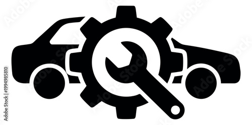 Silhouette illustration of car repair service depicting gear wrench and vehicle for automotive maintenance design
