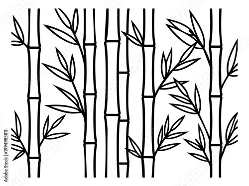 Line art illustration of bamboo forest depicting tall stalks with leaves and branches for Asian and nature design