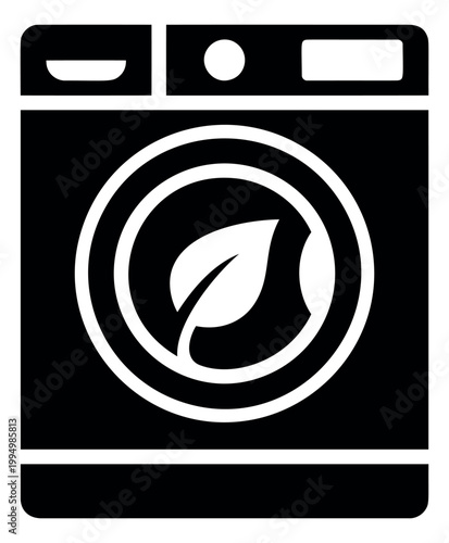 Silhouette illustration of eco washing machine depicting green leaf symbol for sustainable laundry and appliance design