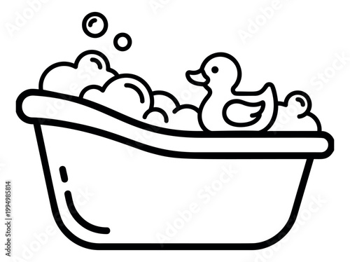 Outline illustration of a baby bathtub depicting rubber ducks and foam bubbles for childcare and hygiene design