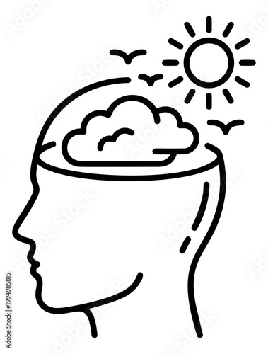 Outline illustration of human head depicting sunny sky and clouds inside the mind for mental health and psychology design