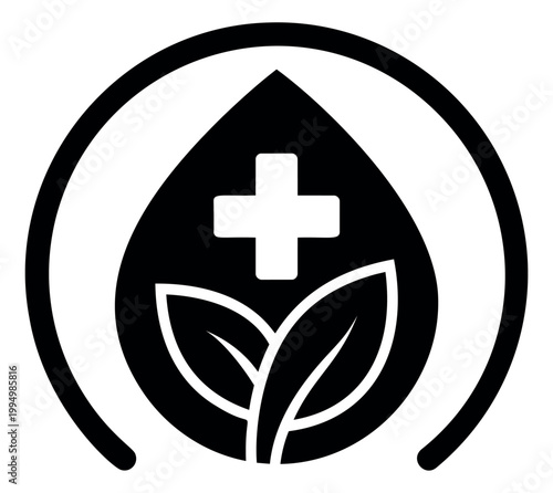 Flat silhouette illustration of a medical drop with cross and plant leaves depicting natural healthcare for wellness and pharmacy design