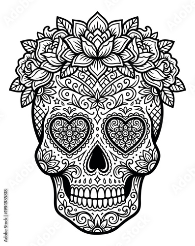 Outline illustration of ornate sugar skull depicting floral mandala details and heart eyes for Day of the Dead design