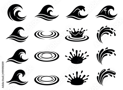 Silhouette icon set of 16 water themed symbols featuring ocean waves, splashes, ripples and droplets for nature and marine design