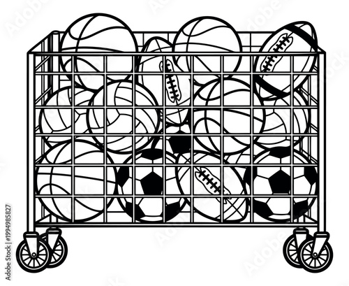 Outline illustration of a sports equipment cart depicting a rolling storage bin filled with balls for gym and recreation design
