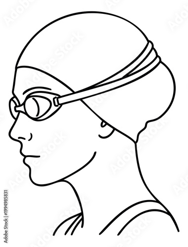 Line art illustration of a swimmer depicting side profile with goggles and swim cap for sports and aquatic design