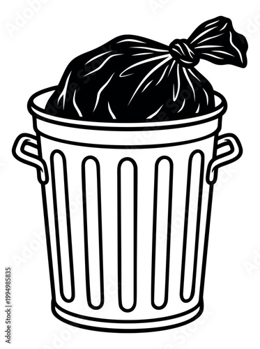 Outline illustration of a trash can depicting a metal bin with tied garbage bag for waste and recycling design