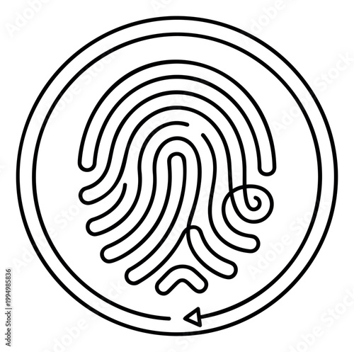 Outline illustration of a fingerprint maze depicting biometric identity swirl pattern for security and technology design