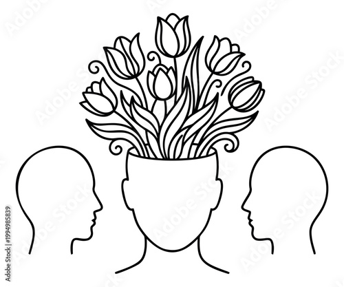 Outline illustration of three human heads depicting open mind with blooming tulips growing from the brain for mental health and psychology design
