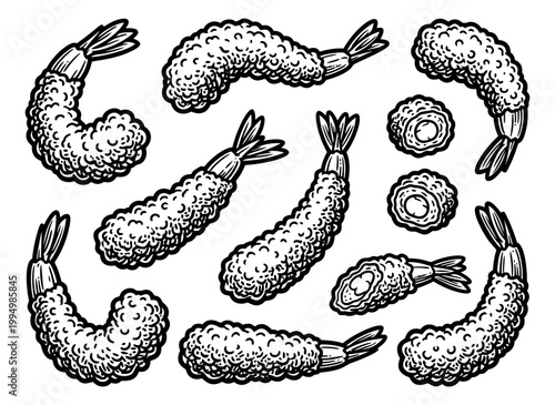 Engraving icon set of 11 shrimp tempura and sushi rolls featuring crispy battered prawns and maki for Japanese food design