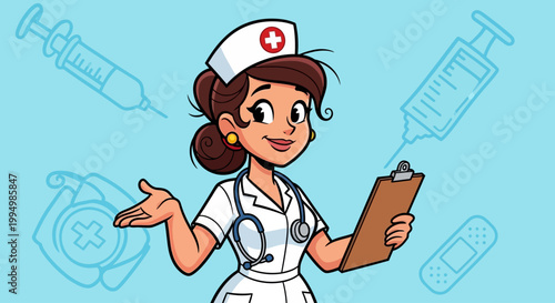 Friendly cartoon female nurse character holding a clipboard in a medical setting.
