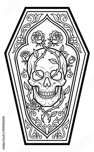 Outline illustration of a skull with roses inside a coffin shape depicting gothic floral decoration for tattoo and Halloween design