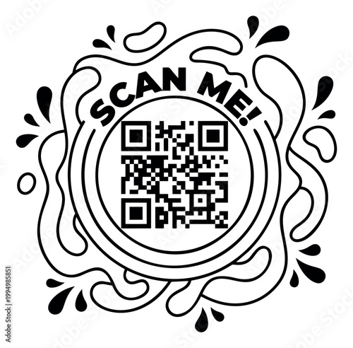 Line art illustration of decorative QR code depicting scan me badge with fluid splash ornament for marketing design