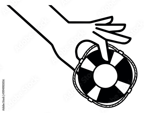 Line art illustration of a hand throwing a life preserver ring depicting rescue and safety assistance for maritime and emergency design