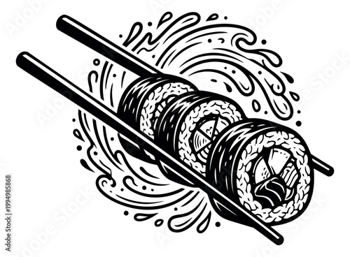 Bold woodcut illustration of sushi rolls on chopsticks depicting Japanese cuisine with dynamic splash for food and restaurant design