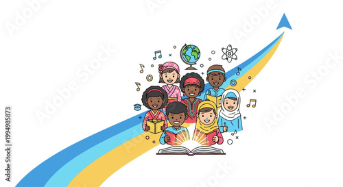 Diverse group of children reading books on an upward arrow for global education and growth