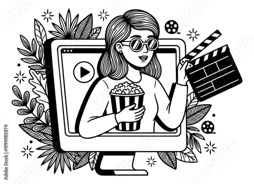 Engraving style illustration of a woman emerging from a computer screen depicting movie watching with popcorn and clapperboard for entertainment design