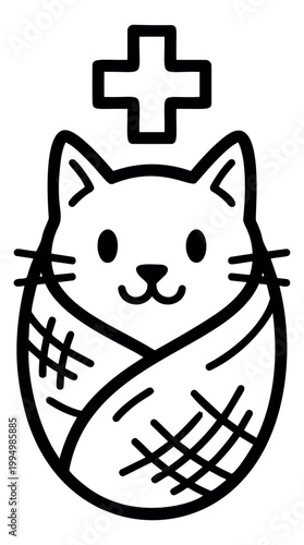 Cartoon illustration of an injured cat wrapped in bandages depicting veterinary care with a medical cross symbol for pet healthcare design
